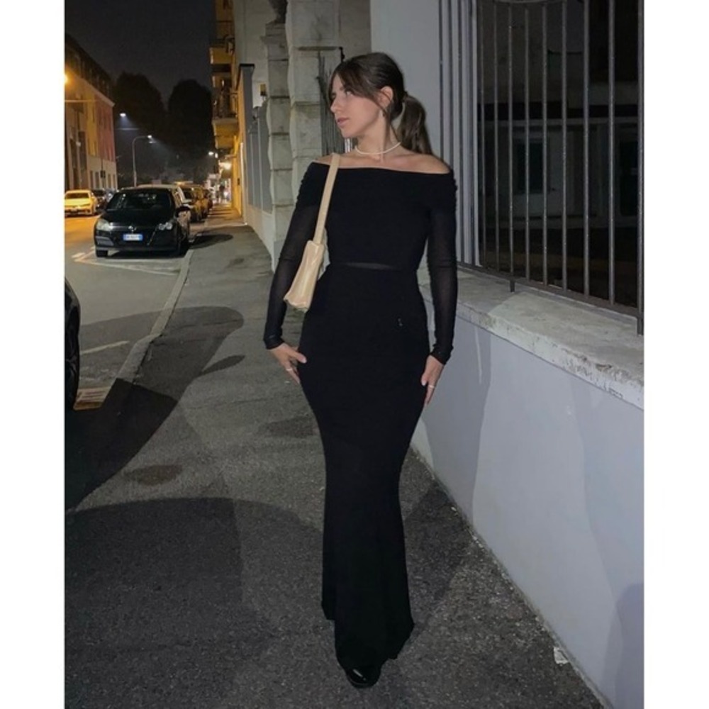 Commense Black Maxi Dress Off Shoulder Long Sleeve Evening Gown Party Dress XL - Picture 3 of 6